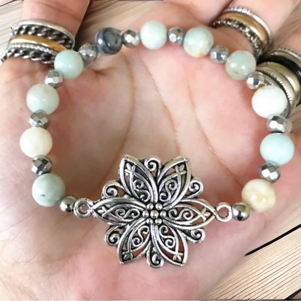 Genuine amazonite beads & silver plated lotus flower charm